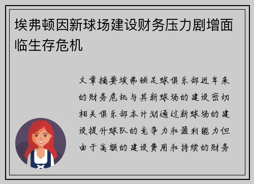 埃弗顿因新球场建设财务压力剧增面临生存危机